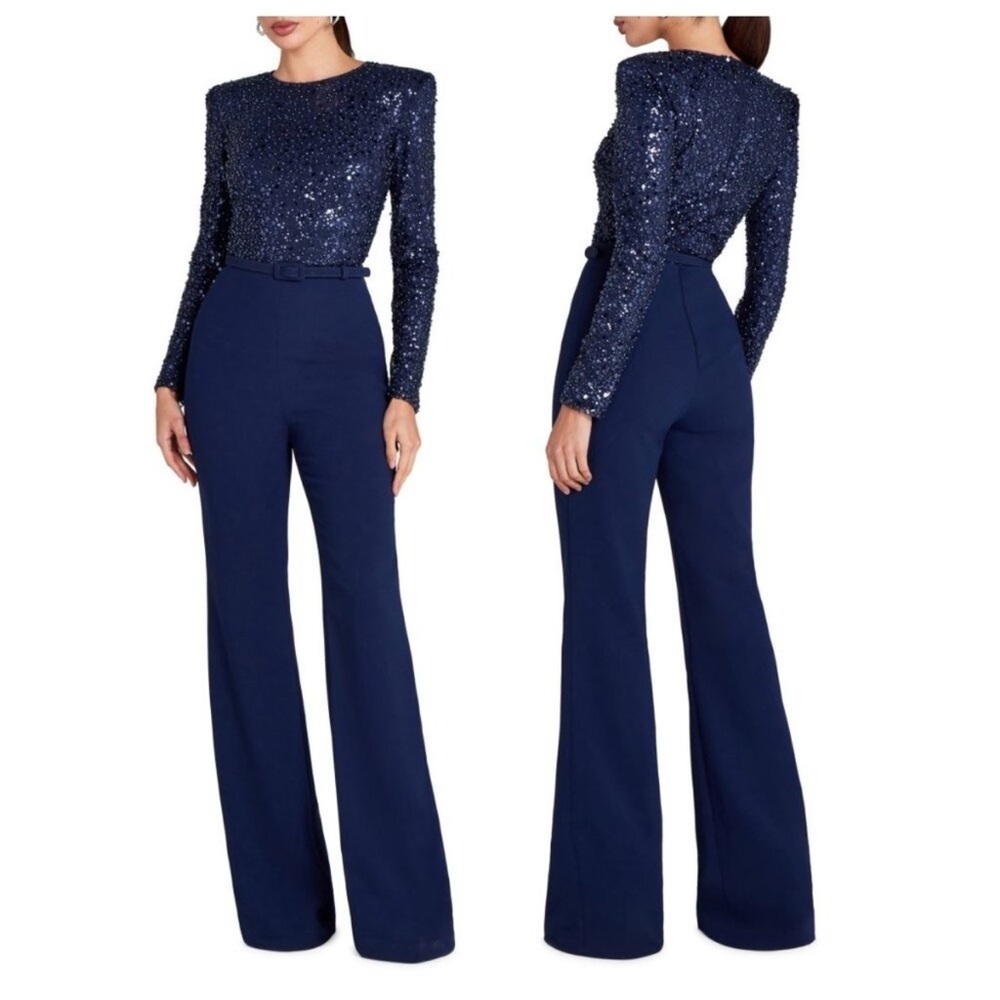 NWOT NADINE MERABI Misha Belted Long Sleeve Sequin Flare Jumpsuit Navy sz 14